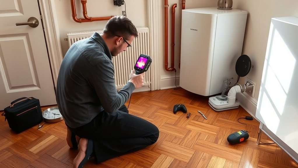 Engineer locating central heating leak using thermal imaging in Wood Green